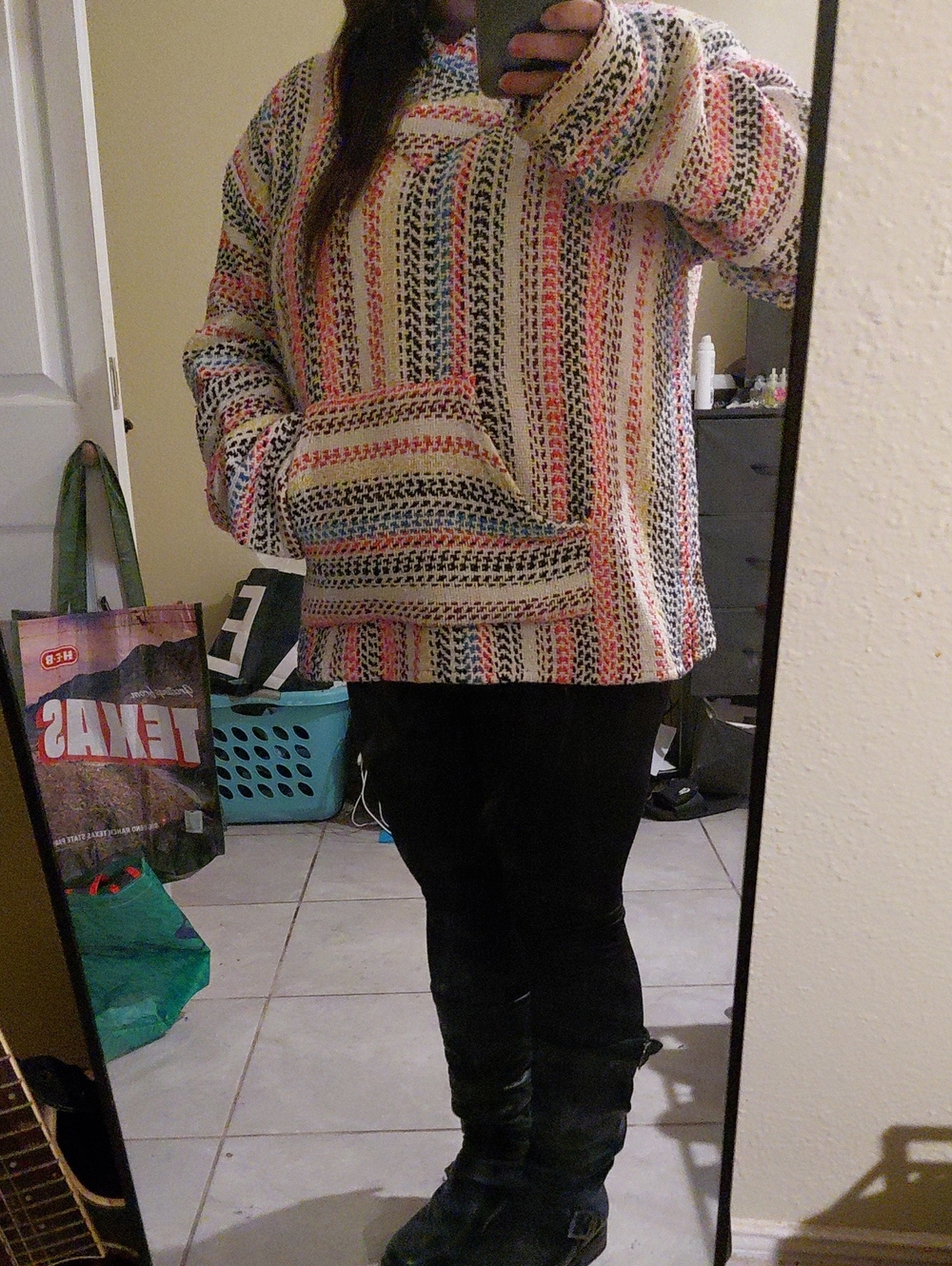 Striped Multicolor Hooded Knit Poncho Sweater - Women's